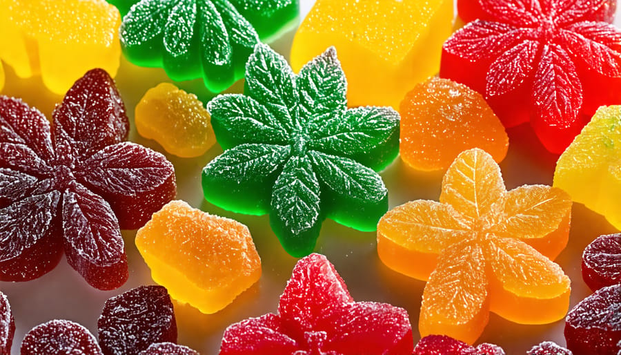 A variety of colorful THC gummies in different shapes, displayed on a table