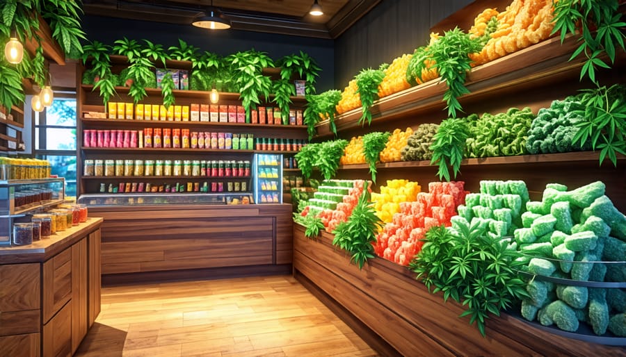 Inside view of a cannabis shop with shelves displaying THC gummies