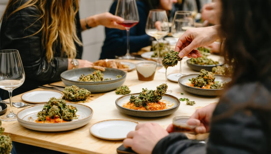 Pop-up dining event in Alberta celebrating THCA-infused cuisine with guests enjoying meals